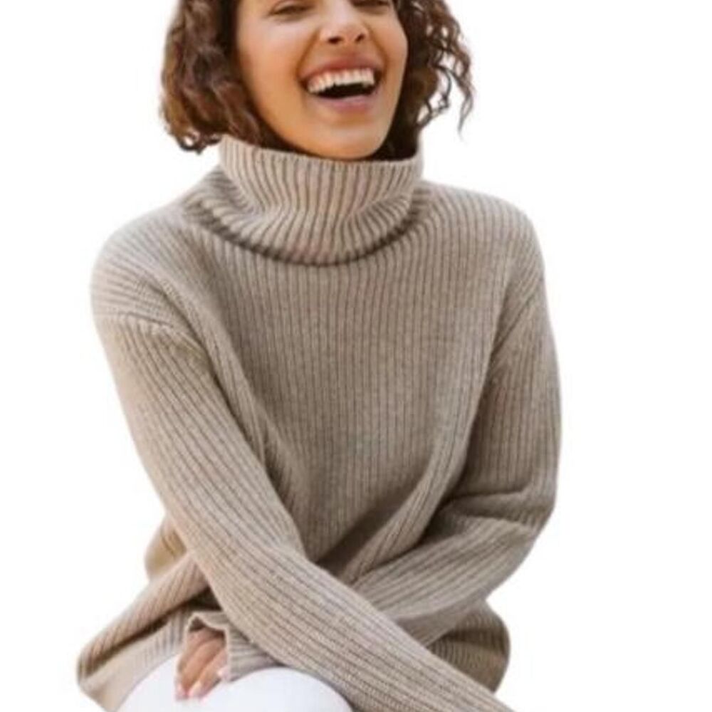 Jenni Kayne 100% Cashmere Ribbed Turtleneck Sweater – Taupe – Size S